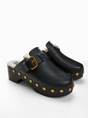 NWT-MNG Mango Black Leather Studded Lined Clogs sz 7.5